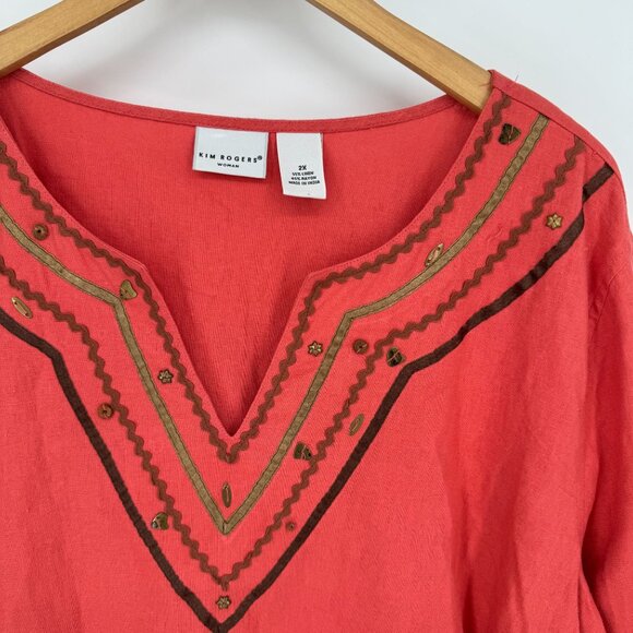 Kim Rogers Womens Linen Blend Tunic Top Size 2x Embroidered Oversized Coastal - Picture 1 of 6